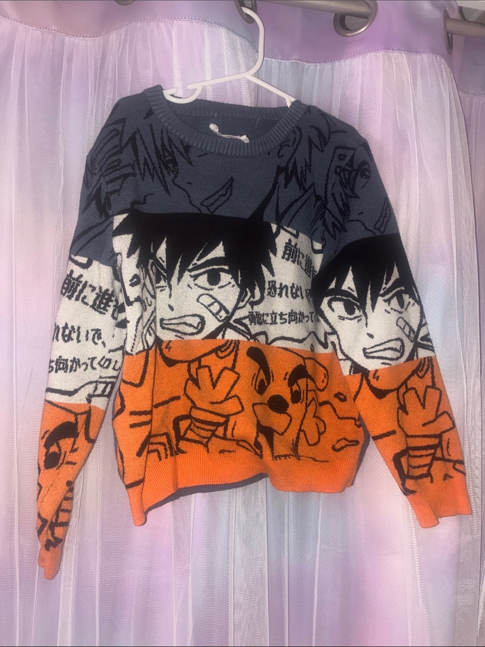 SHEIN Orange, Gray & Black Anime Character Knit Sweater